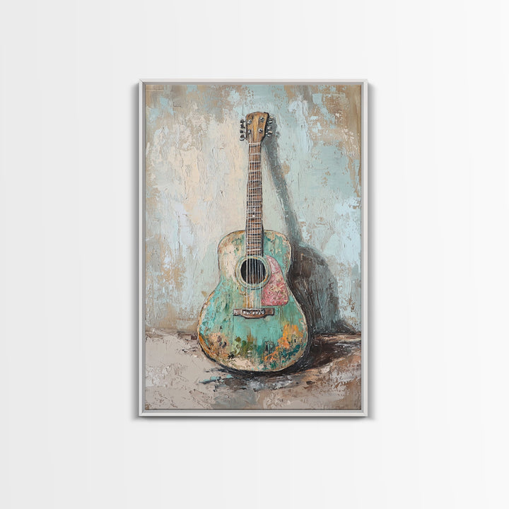 Weathered Turquoise Acoustic Guitar Canvas Print, Music Room Wall Art, Rustic Music Decor, Guitar Lover Gift, Studio Poster