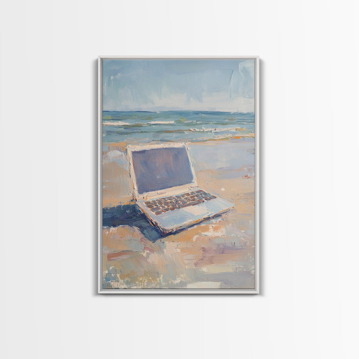 Open Laptop On Sandy Beach Framed Canvas Print, Coastal Wall Art, Remote Work Office Decor, Ocean Landscape Art Print, Beach House Decor