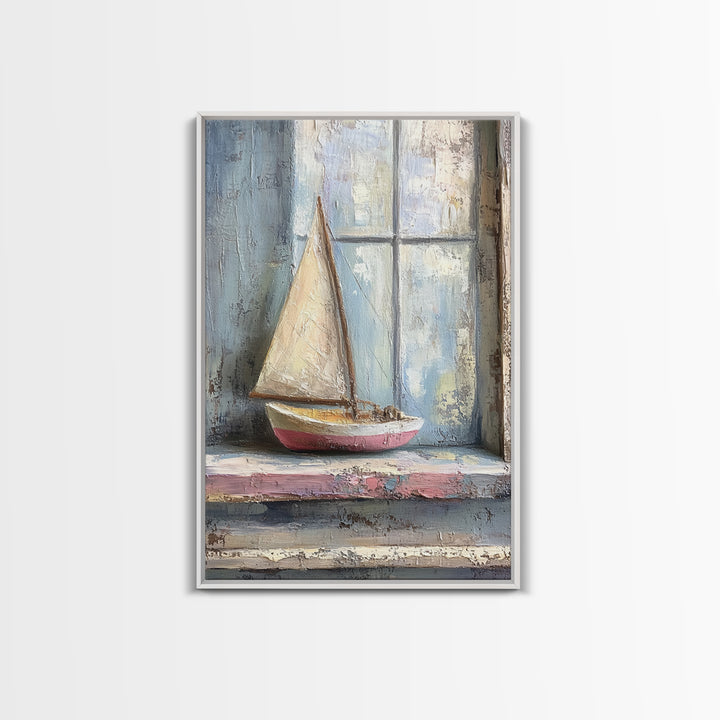 Weathered Sailboat On Window Sill Framed Canvas Print, Nautical Wall Art, Coastal Decor, Beach House Art, Seascape Art, Ocean Wall Decor