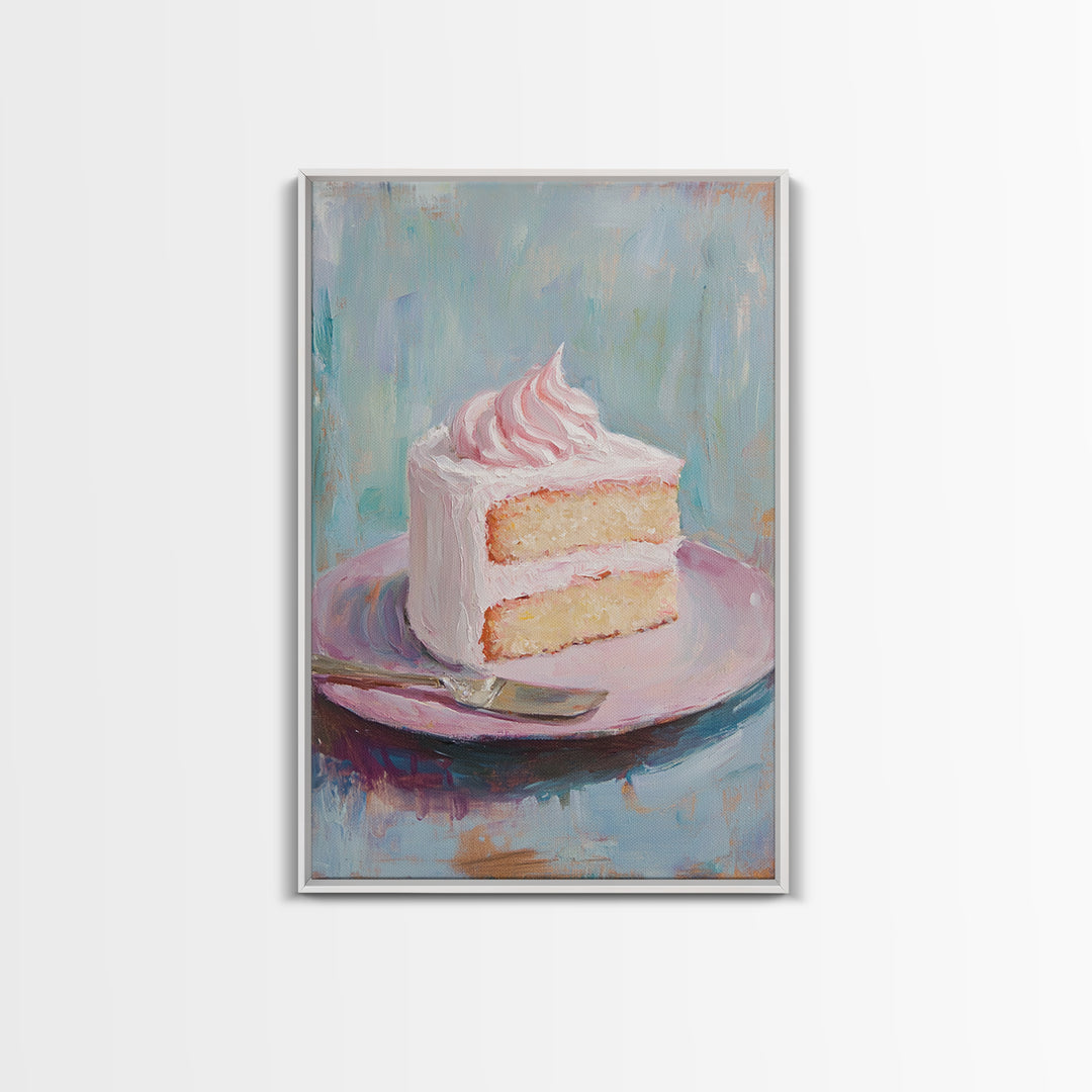 Pink Frosted Cake Slice On Plate Wall Art, Bakery Art Print, Kitchen Wall Art, Cute Kitchen Decor, Dessert Art, Gift For Her