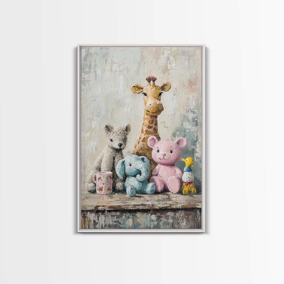 Whimsical Nursery Stuffed Animals Wall Art, Giraffe Teddy Bear Elephant Print, Kids Room Decor, Baby Shower Gift For Baby Room