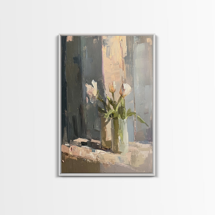 Soft White Tulips Framed Canvas Print, Impasto Floral Still Life, Neutral Wall Decor, Bedroom Decor, Gift For Her, Home Decor