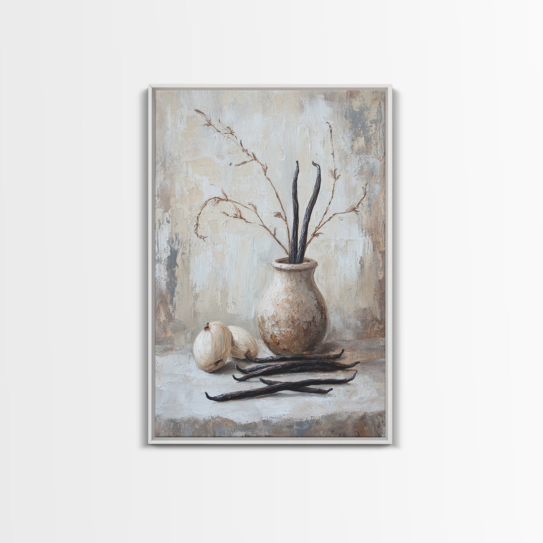 Rustic Vanilla Bean And Garlic Still Life Wall Art, Neutral Kitchen Decor, Farmhouse Canvas Print, Dining Room Art, Gift For Foodie