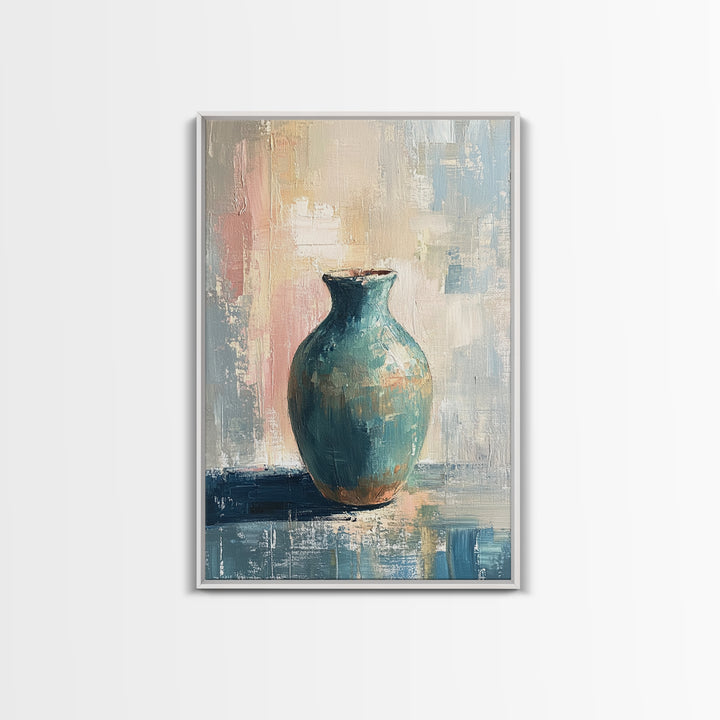 Turquoise Ceramic Vase Canvas Print, Modern Still Life Painting, Teal Wall Decor, Minimalist Art, Living Room Decor, Home Decor