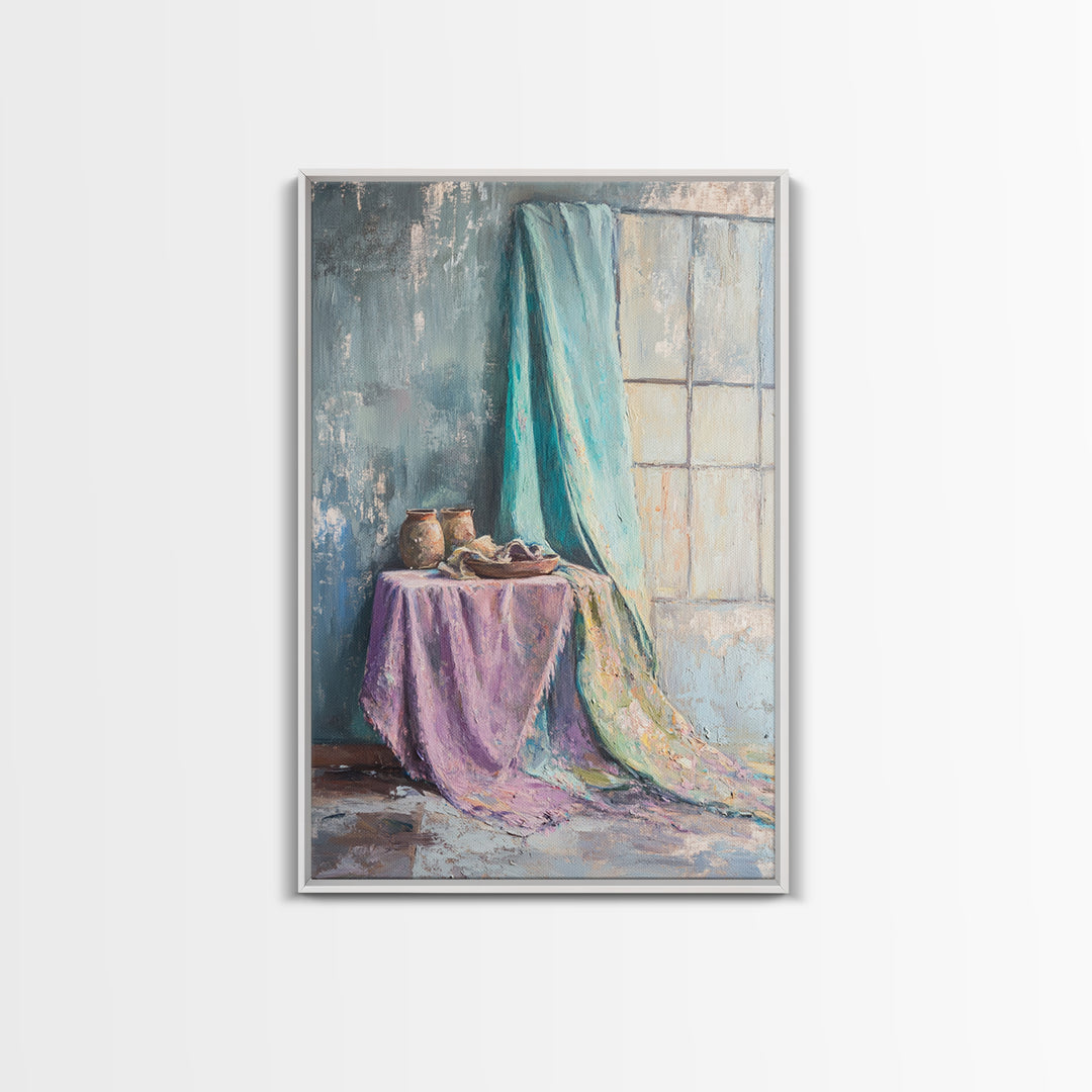 Turquoise Draped Fabric Still Life Wall Art, Soft Pastel Table Scene, Contemporary Canvas Print, Living Room Wall Decor, Home Decor
