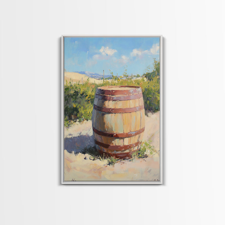 Sunlit Vineyard Wine Barrel Canvas Print, Rustic Winery Landscape Painting, Wine Wall Art, Kitchen Decor, Gift For Wine Lover