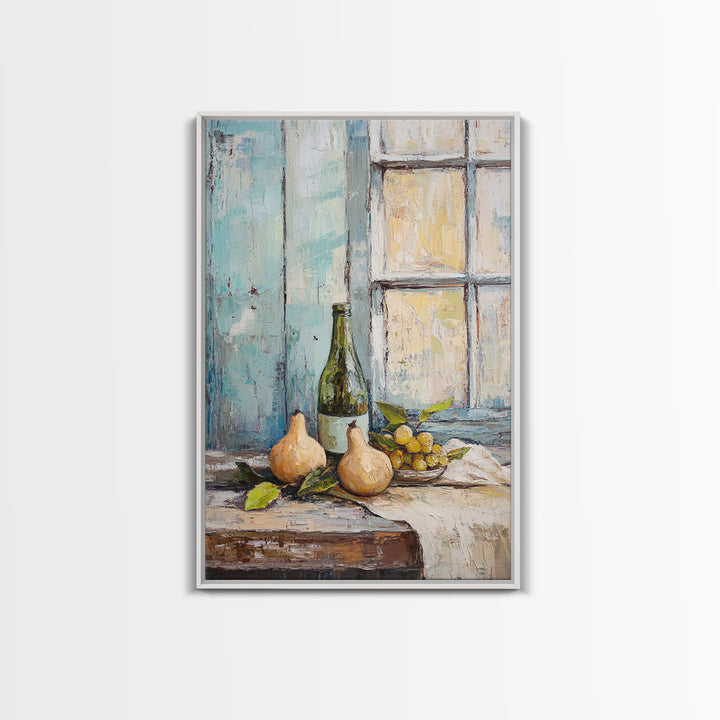 Wine Bottle Pears And Grapes By Window Canvas Print, Rustic Kitchen Wall Art For Dining Room Decor And French Country Decor