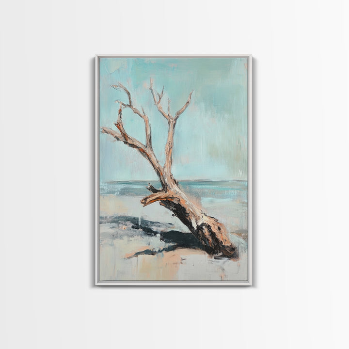 Weathered Driftwood On Quiet Beach Canvas Print, Coastal Wall Art, Minimalist Seascape Decor, Neutral Ocean Landscape Art