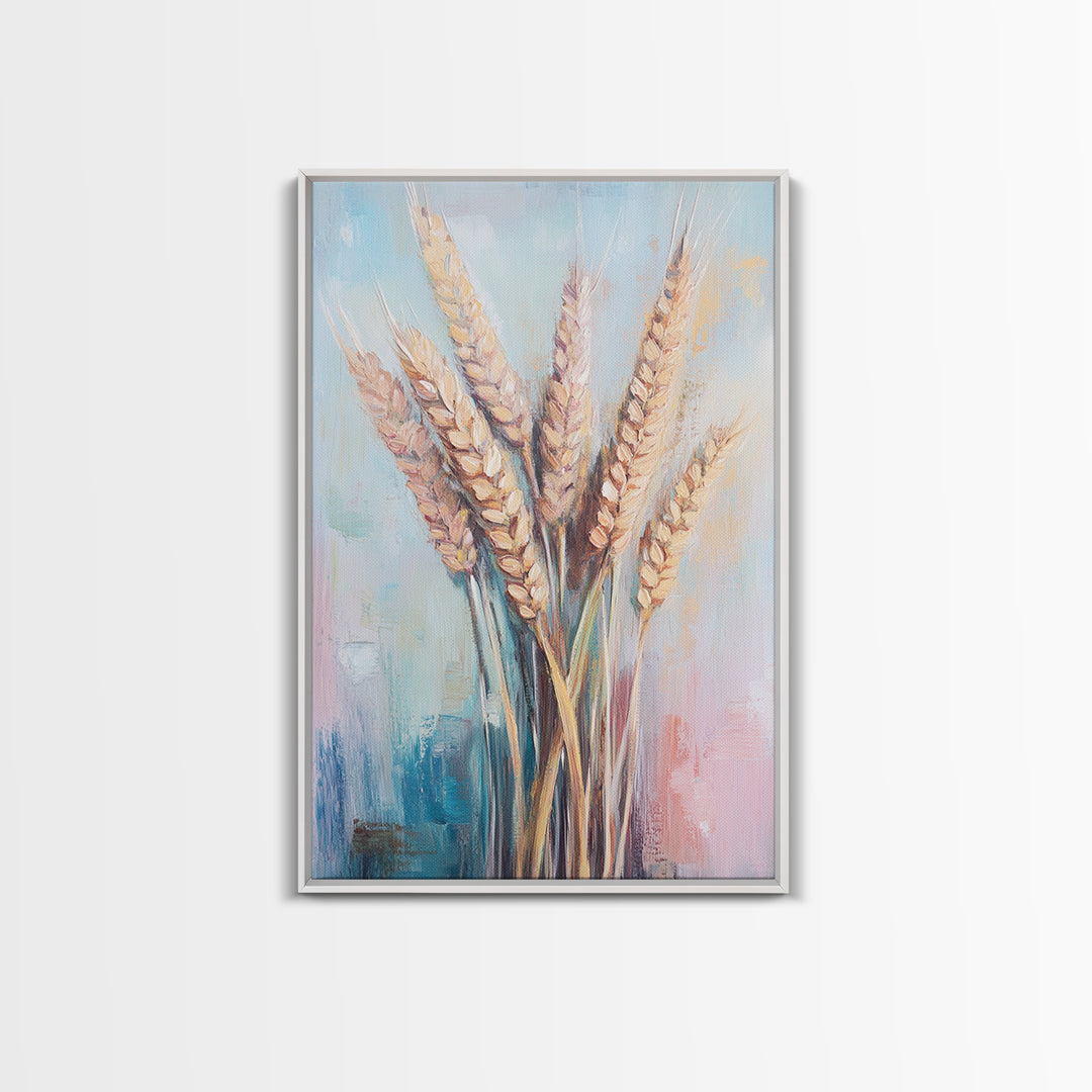 Golden Wheat Stalks In Soft Pastel Light Framed Canvas Print, Rustic Farmhouse Wall Art, Country Kitchen Decor, Housewarming Gift