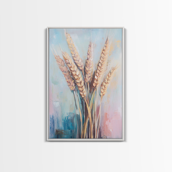 Golden Wheat Stalks In Soft Pastel Light Framed Canvas Print, Rustic Farmhouse Wall Art, Country Kitchen Decor, Housewarming Gift