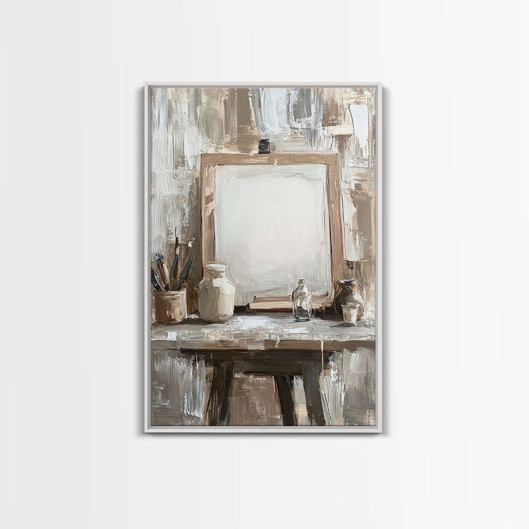 Neutral Artist Studio Easel And Paintbrushes Framed Canvas Print, Minimalist Office Wall Art, Rustic Home Decor For Creative Spaces