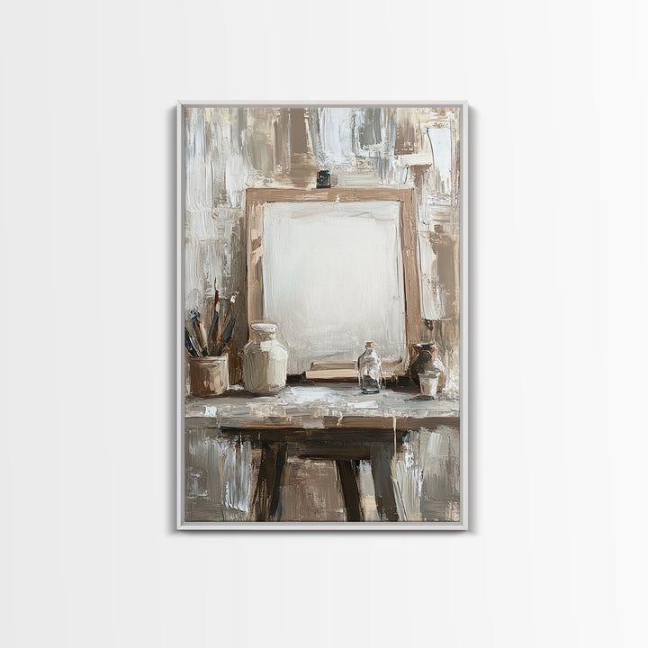 Neutral Artist Studio Easel And Paintbrushes Framed Canvas Print, Minimalist Office Wall Art, Rustic Home Decor For Creative Spaces