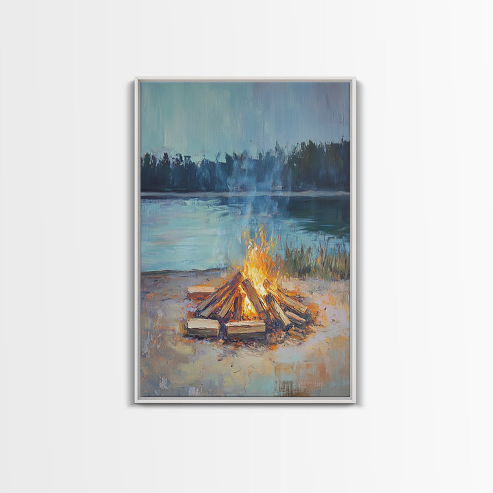 Lakeside Campfire At Dusk Wall Art, Rustic Cabin Decor, Cozy Nature Print, Lake House Canvas, Housewarming Gift, Living Room Decor
