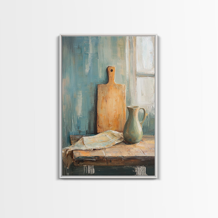 Rustic Cutting Board And Ceramic Pitcher Wall Art, Farmhouse Kitchen Decor, Country Still Life Art Print, Housewarming Gift