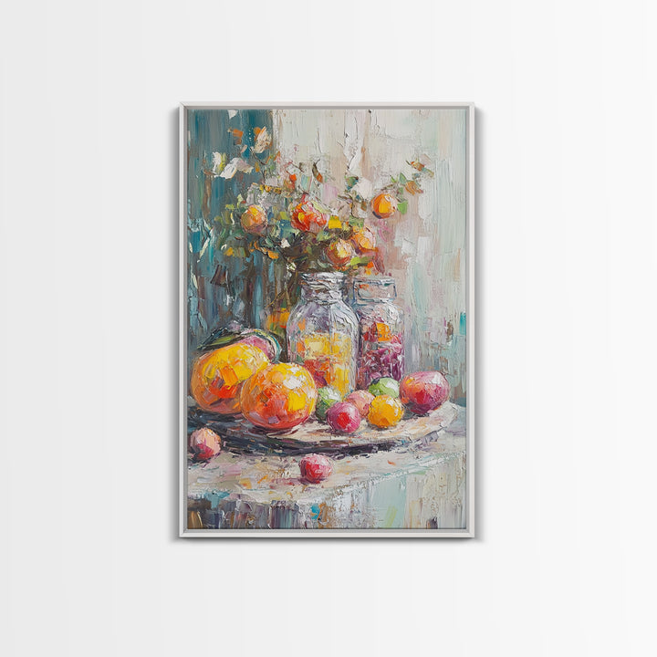 Colorful Citrus Fruit Still Life With Glass Jars Canvas Print, Kitchen Wall Art, Rustic Farmhouse Dining Room Decor, Foodie Gift