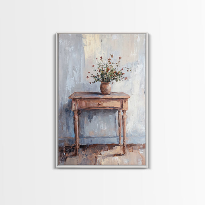 Rustic Console Table With Wildflower Vase Wall Art, Neutral Farmhouse Canvas Print, Entryway Living Room Wall Decor, Home Decor