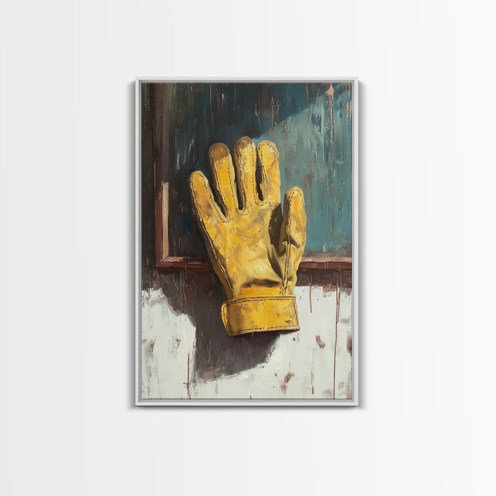 Yellow Work Glove On Rustic Chalkboard Wall Art, Industrial Garage Canvas Print, Tool Room Man Cave Wall Decor, Gift For Him