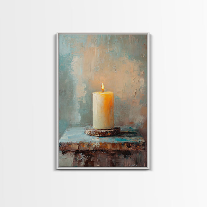 Glowing Ivory Candle On Rustic Table Canvas Print, Calming Still Life Wall Art For Spa Decor, Meditation Room, Cozy Home