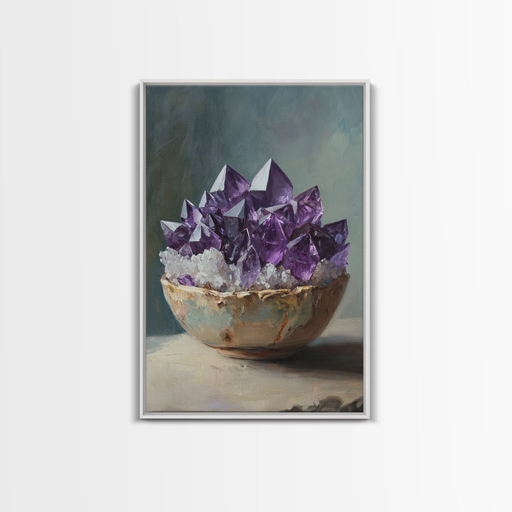 Purple Amethyst Crystals In Rustic Bowl Canvas Print, Crystal Wall Art, Spiritual Decor, Boho Home Decor, Gift For Her, Living Room Decor