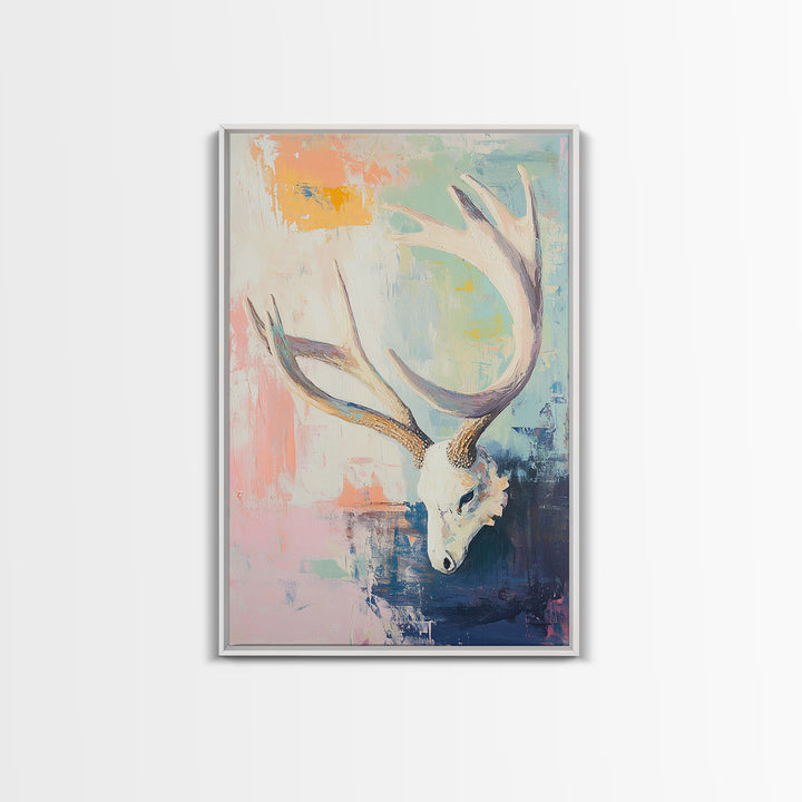 White Deer Skull With Antlers On Pastel Abstract Canvas Print, Western Wall Art, Boho Wall Decor, Rustic Cabin Home Decor