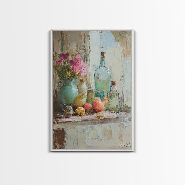 Flowers Bottles And Fruit Framed Canvas Print, Impressionist Still Life Wall Art, Kitchen Decor, Dining Room Prints, Home Decor