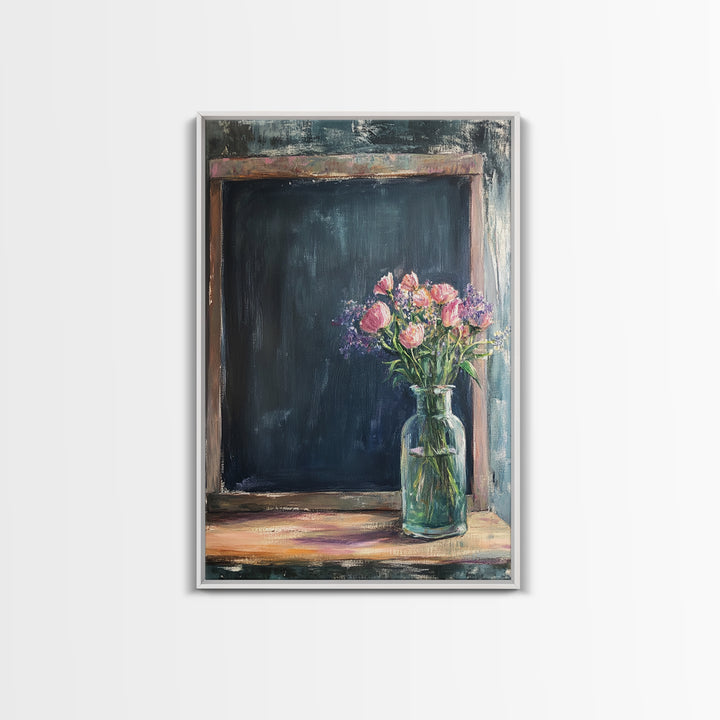 Chalkboard With Pink Flowers Wall Art, Rustic Kitchen Decor, Farmhouse Canvas Print, Floral Still Life, Dining Room Print