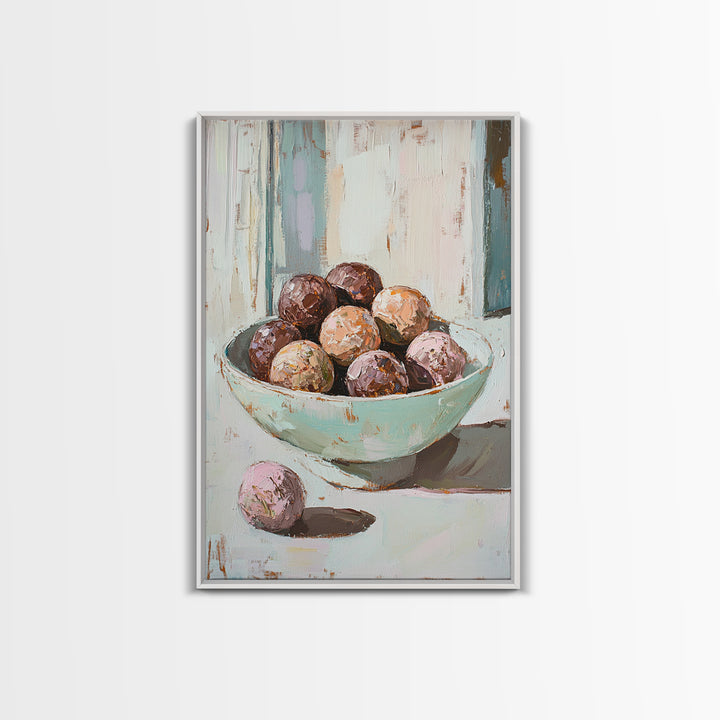 Pastel Bowl Of Chocolate Truffles Wall Art, Kitchen Decor, Food Still Life Painting, Whimsical Bakery Art Print Gift For Her