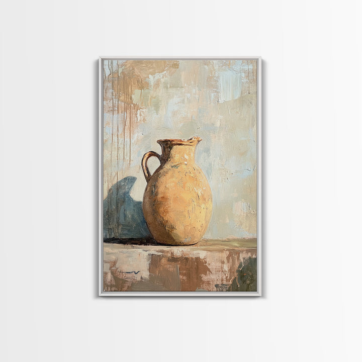 Rustic Ceramic Pitcher Still Life Wall Art, Neutral Farmhouse Decor, Country Kitchen Painting, Wabi Sabi Home Decor Gift