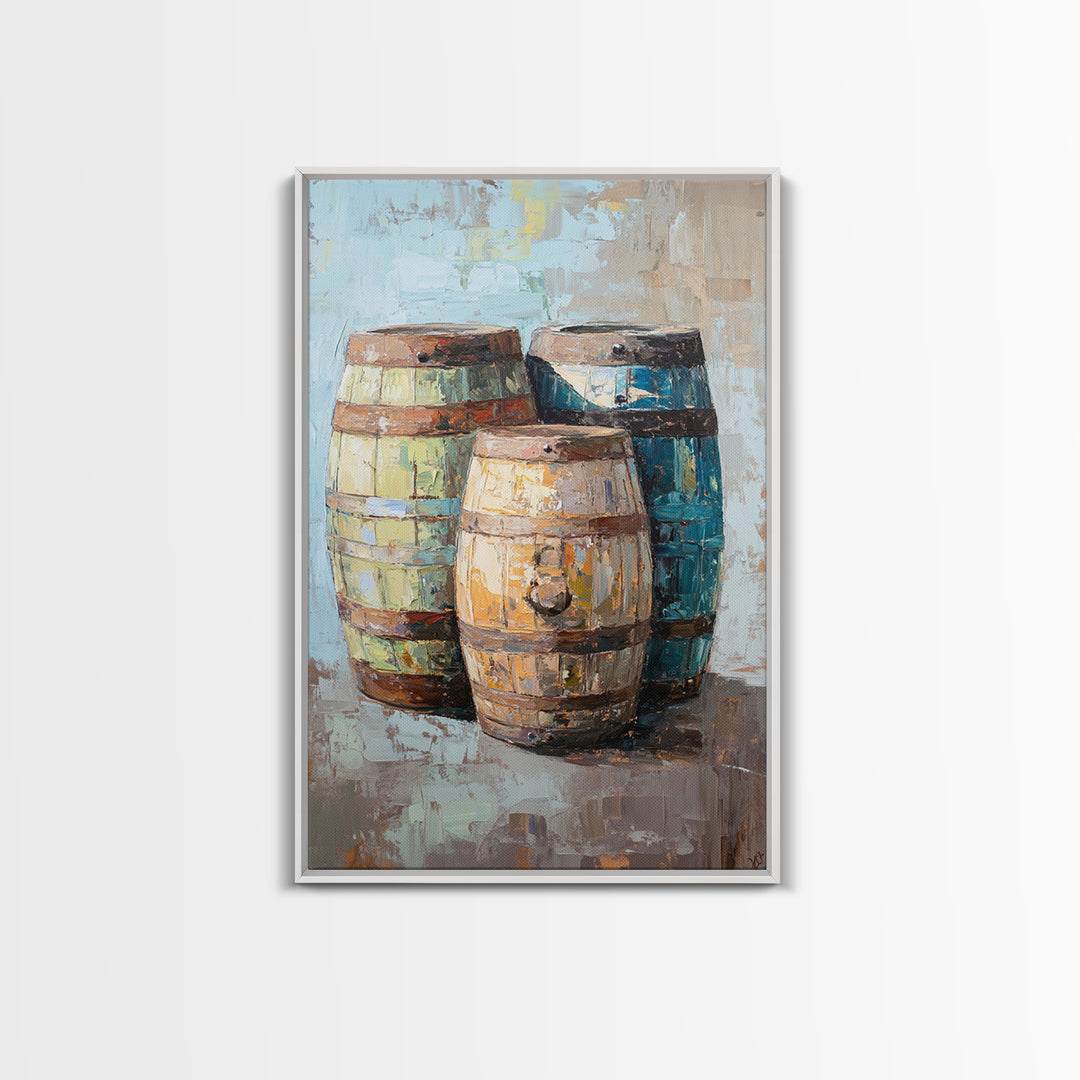 Rustic Wine Barrels Still Life Framed Canvas Print, Winery Wall Art, Home Bar Decor, Farmhouse Kitchen Gift For Him Idea