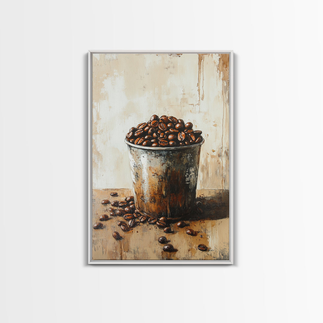 Coffee Beans In Rustic Tin Canvas Print, Kitchen Wall Art, Coffee Bar Decor, Cafe Poster, Foodie Gift For Coffee Lovers Art