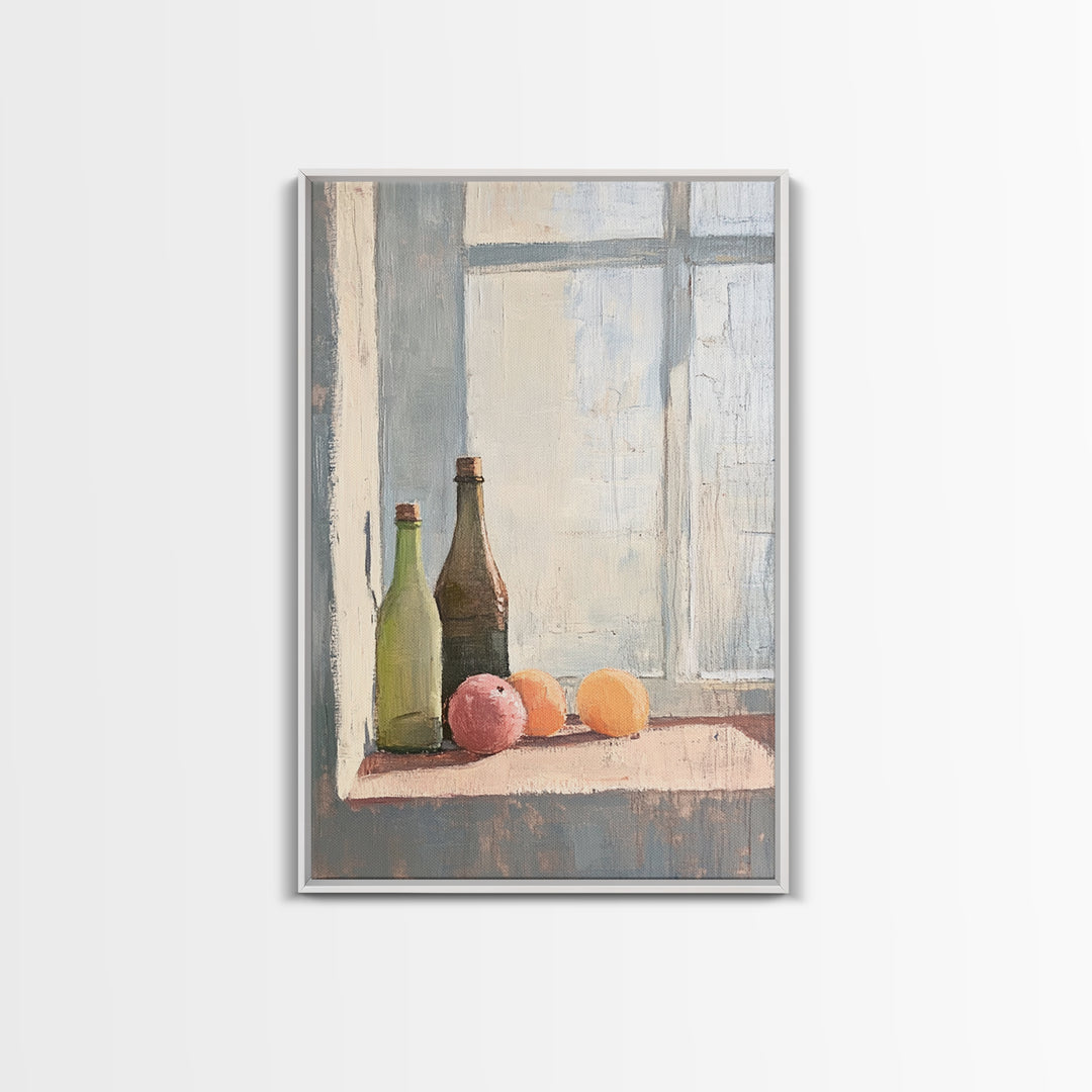 Bottles And Citrus On Windowsill Canvas Print, Rustic Kitchen Wall Art, Still Life Art Print, Farmhouse Dining Room Decor