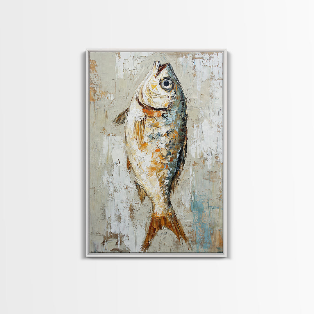 Silver Fish Impasto Canvas Print, Coastal Kitchen Wall Art, Nautical Seafood Decor, Ocean Animal Art Print, Beach House Gift