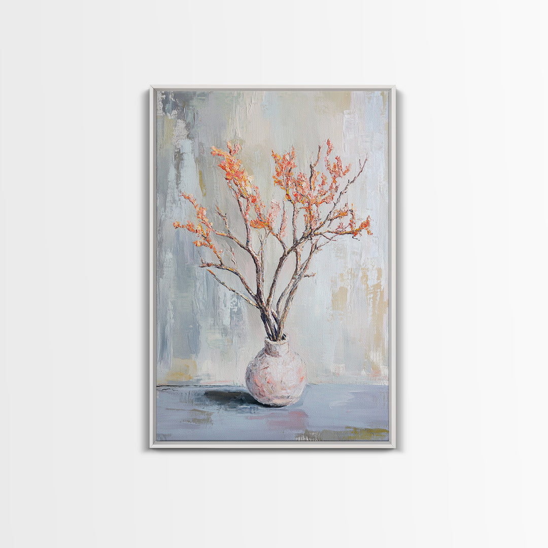 Orange Blossom Branches In Ceramic Vase Canvas Print, Minimalist Botanical Wall Art, Japandi Decor, Calm Neutral Home Gift