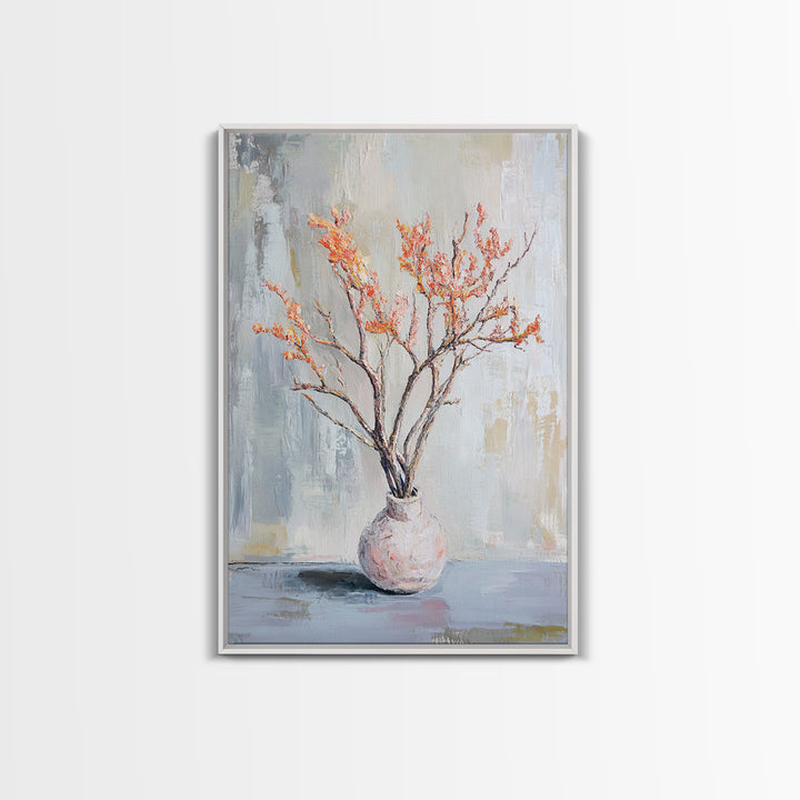 Orange Blossom Branches In Ceramic Vase Canvas Print, Minimalist Botanical Wall Art, Japandi Decor, Calm Neutral Home Gift