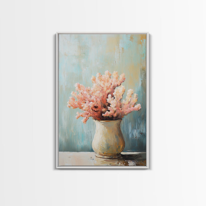 Pink Coral Still Life In Ceramic Vase, Framed Canvas Print, Coastal Wall Art, Beach House Decor, Soft Pastel Home Decor Gift