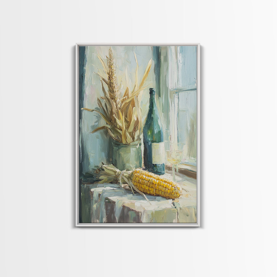 Sunlit Corn And Wine Bottle Still Life, Canvas Print, Farmhouse Kitchen Wall Art, Rustic Country Decor, Dining Room Print