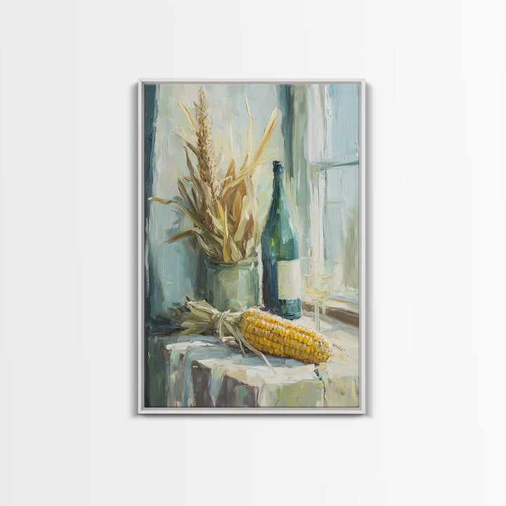 Sunlit Corn And Wine Bottle Still Life, Canvas Print, Farmhouse Kitchen Wall Art, Rustic Country Decor, Dining Room Print
