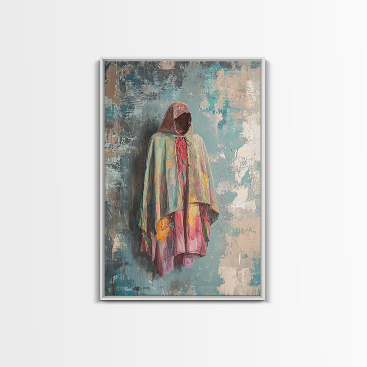 Hooded Pastel Figure In Flowing Robe, Wall Art, African Inspired Art, Cultural Wall Decor, Boho Neutral Home Decor Gift Idea