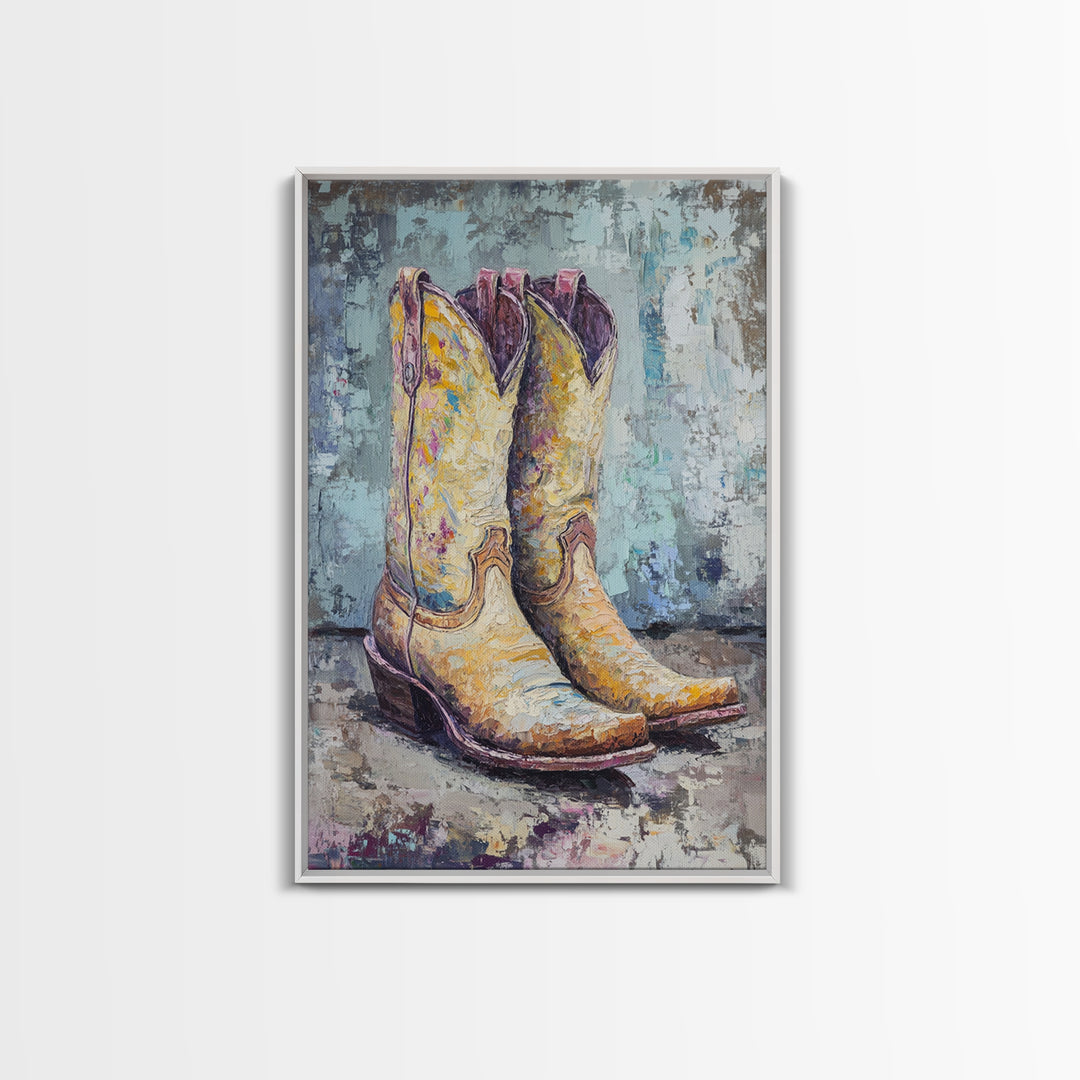 Yellow Cowboy Boots Oil Painting, Canvas Print, Western Wall Art, Cowgirl Decor, Rodeo Housewarming Gift, Rustic Home Decor