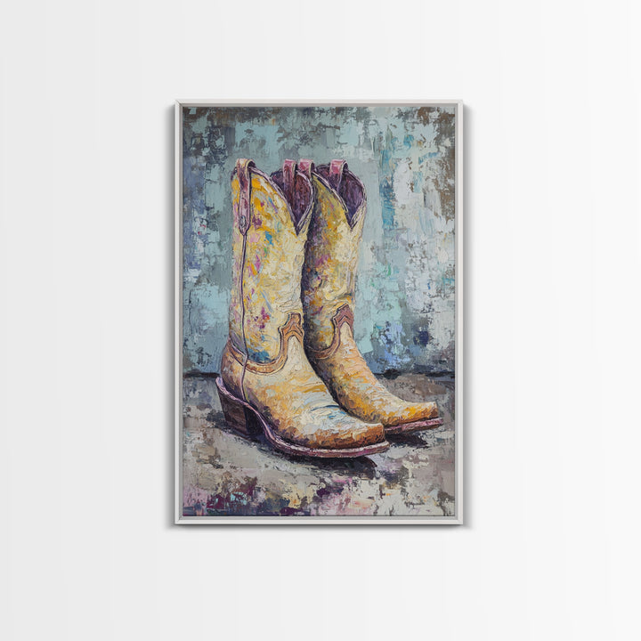 Yellow Cowboy Boots Oil Painting, Canvas Print, Western Wall Art, Cowgirl Decor, Rodeo Housewarming Gift, Rustic Home Decor