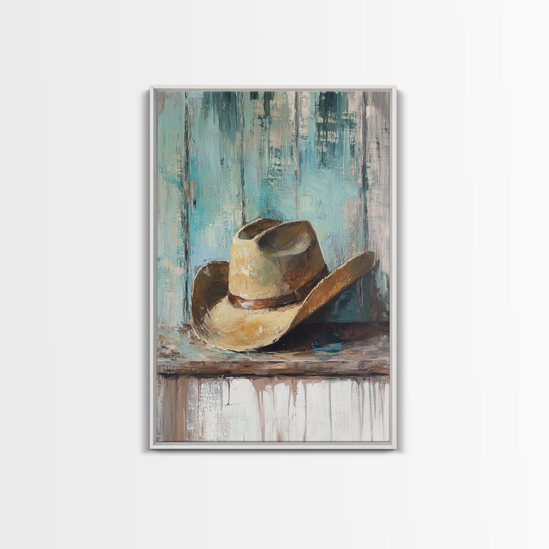 Worn Cowboy Hat On Weathered Shelf, Framed Canvas Print, Western Wall Art, Rustic Ranch Decor, Gift For Him, Man Cave Decor
