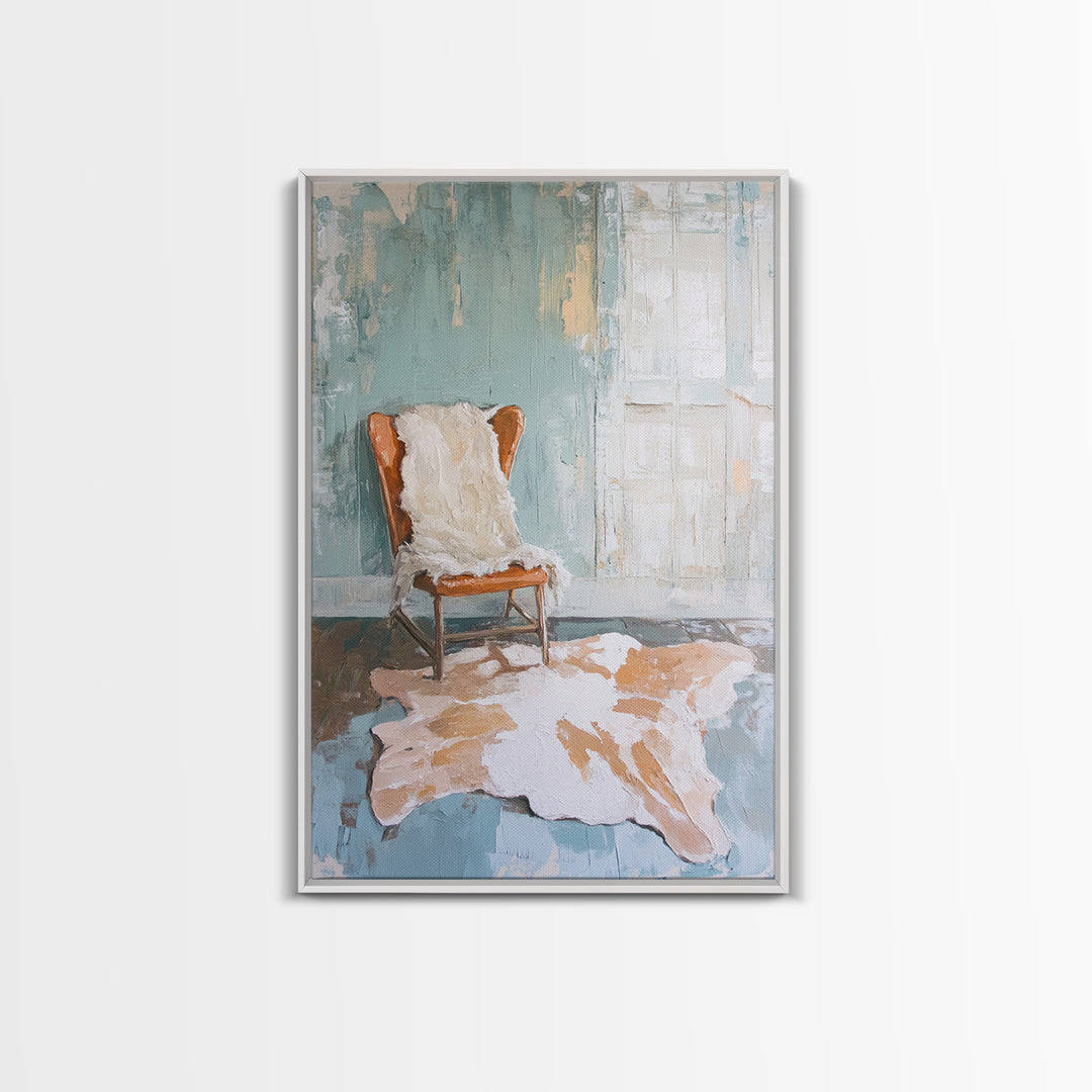 Leather Chair And Cowhide Rug Interior, Canvas Print, Rustic Wall Art, Western Home Decor, Neutral Living Room Wall Art Print