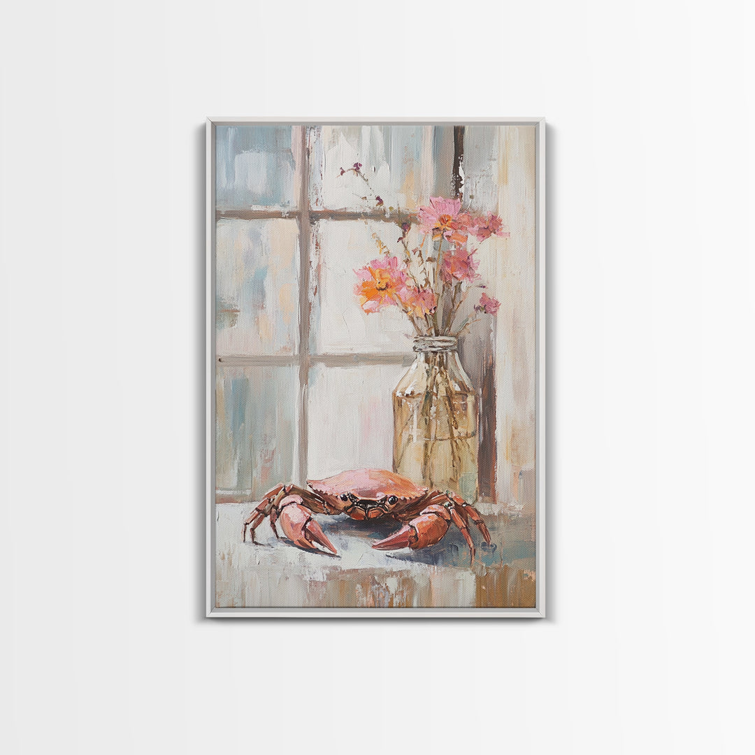 Blue Crab And Pink Flowers By Window, Framed Canvas Print, Coastal Kitchen Wall Art, Beach House Decor, Seafood Wall Art