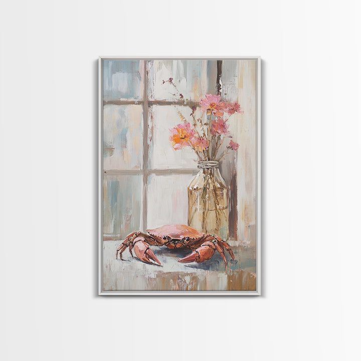 Blue Crab And Pink Flowers By Window, Framed Canvas Print, Coastal Kitchen Wall Art, Beach House Decor, Seafood Wall Art