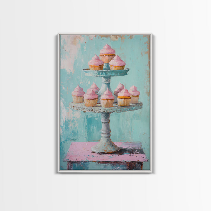Pink Cupcakes On Tiered Stand Canvas Print, Cute Bakery Wall Art, Girls Room Decor, Dessert Art, Kitchen Decor Gift, Home Decor