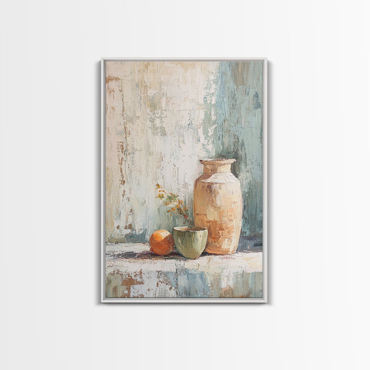 Rustic Vase With Orange Still Life Canvas Print, Neutral Wall Art, Farmhouse Decor, Kitchen Art, Minimalist Home Decor Gift