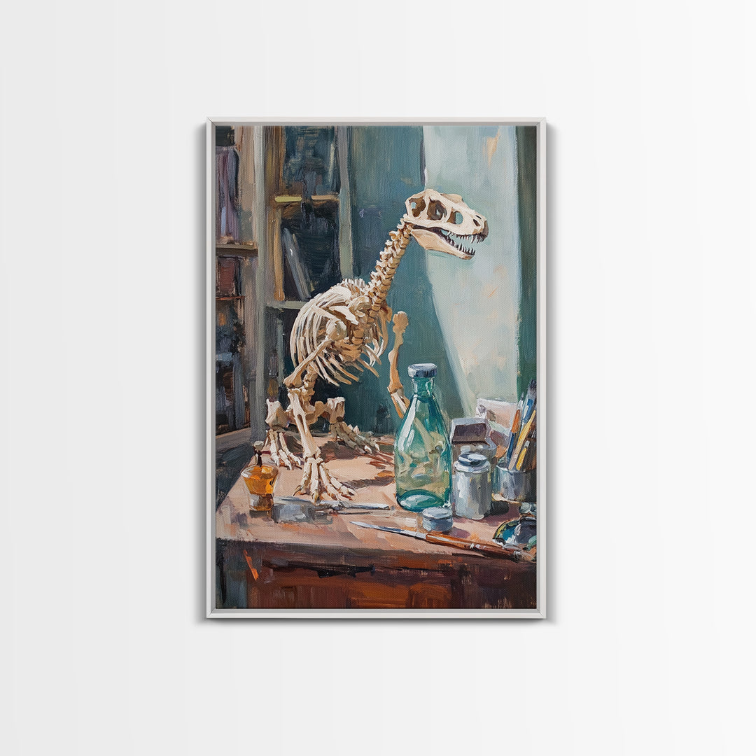 Dinosaur Skeleton On Artist Desk Canvas Print, Curiosity Cabinet Wall Art, Science Decor, Kids Room Decor, Unique Gift For Kids