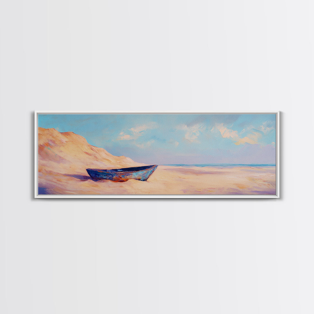 Blue Boat On Sandy Beach Wall Art, Coastal Landscape Painting, Ocean Wall Decor, Beach House Decor, Nautical Print, Summer Home Decor