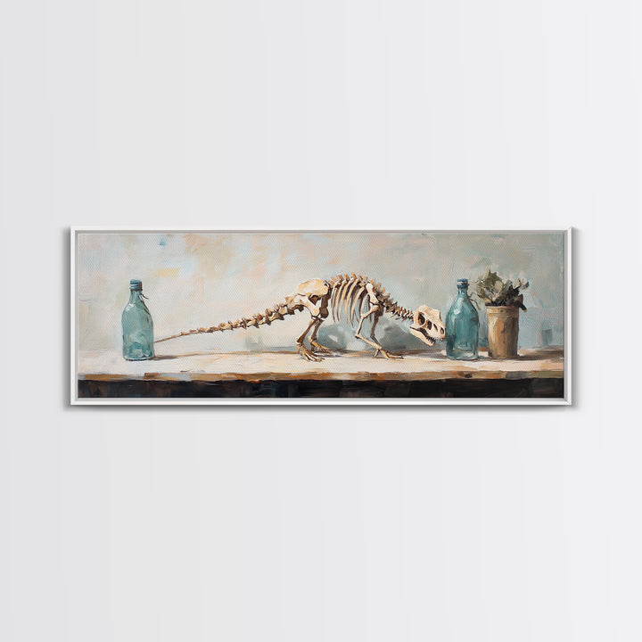 Dinosaur Skeleton Still Life Canvas Print, Quirky Science Wall Art, Oddities Decor, Curiosity Cabinet, Office Decor, Gift For Him