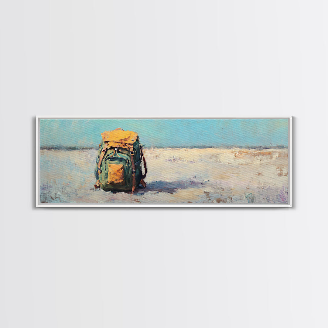 Lonely Backpack On Beach Canvas Print, Minimalist Coastal Landscape Art, Travel Wall Decor, Adventure Gift For Him, Office Decor